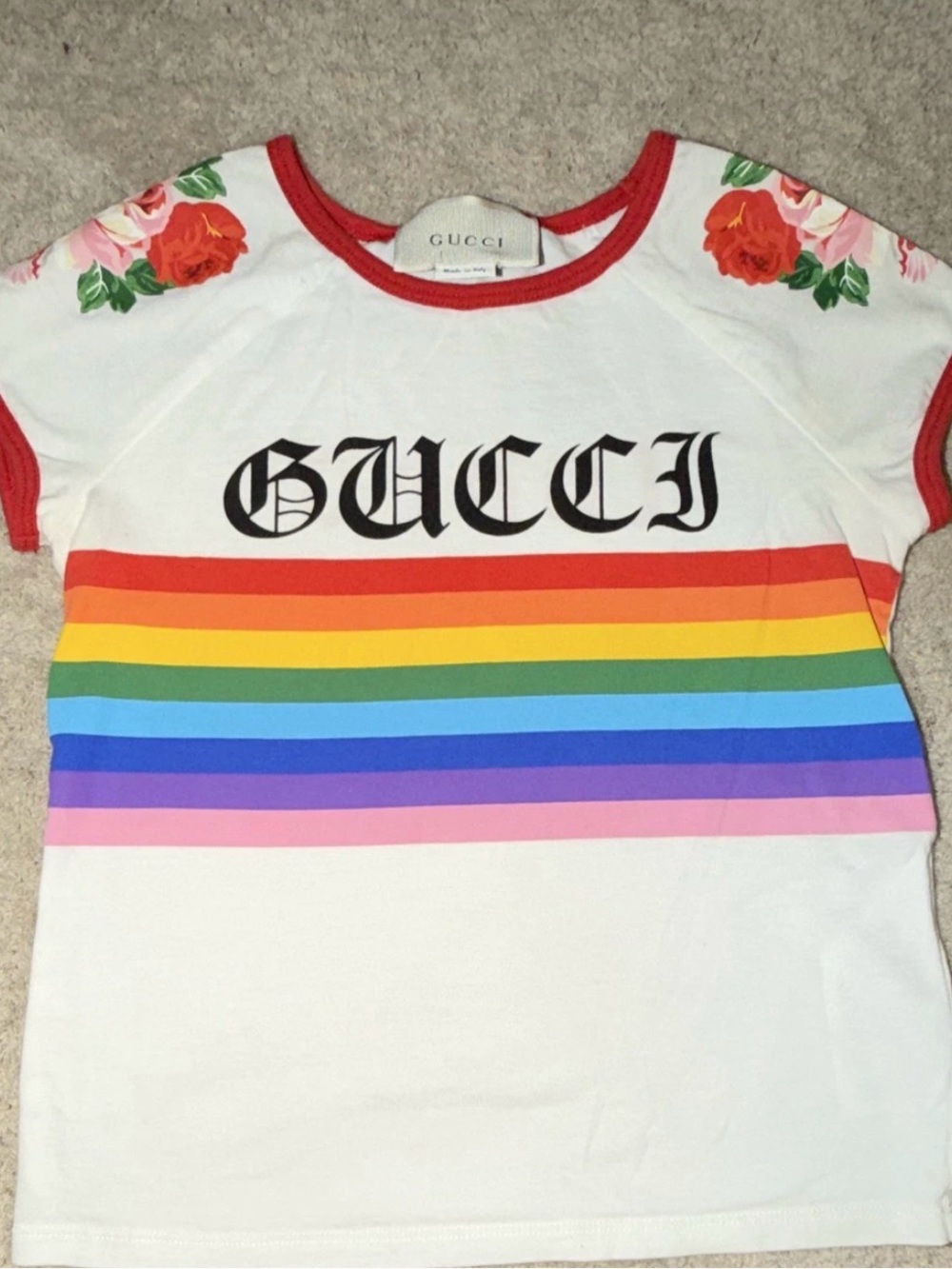 Gucci White Short-Sleeve Tee with Rainbow Stripes and Floral Shoulders